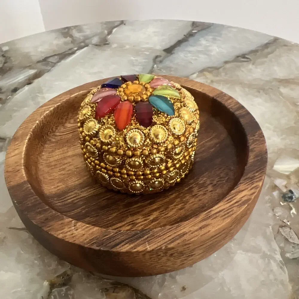 Vintage Palawan Philippines Wood Dish & Indian Jeweled Kumkum Ring Pill Box Lot